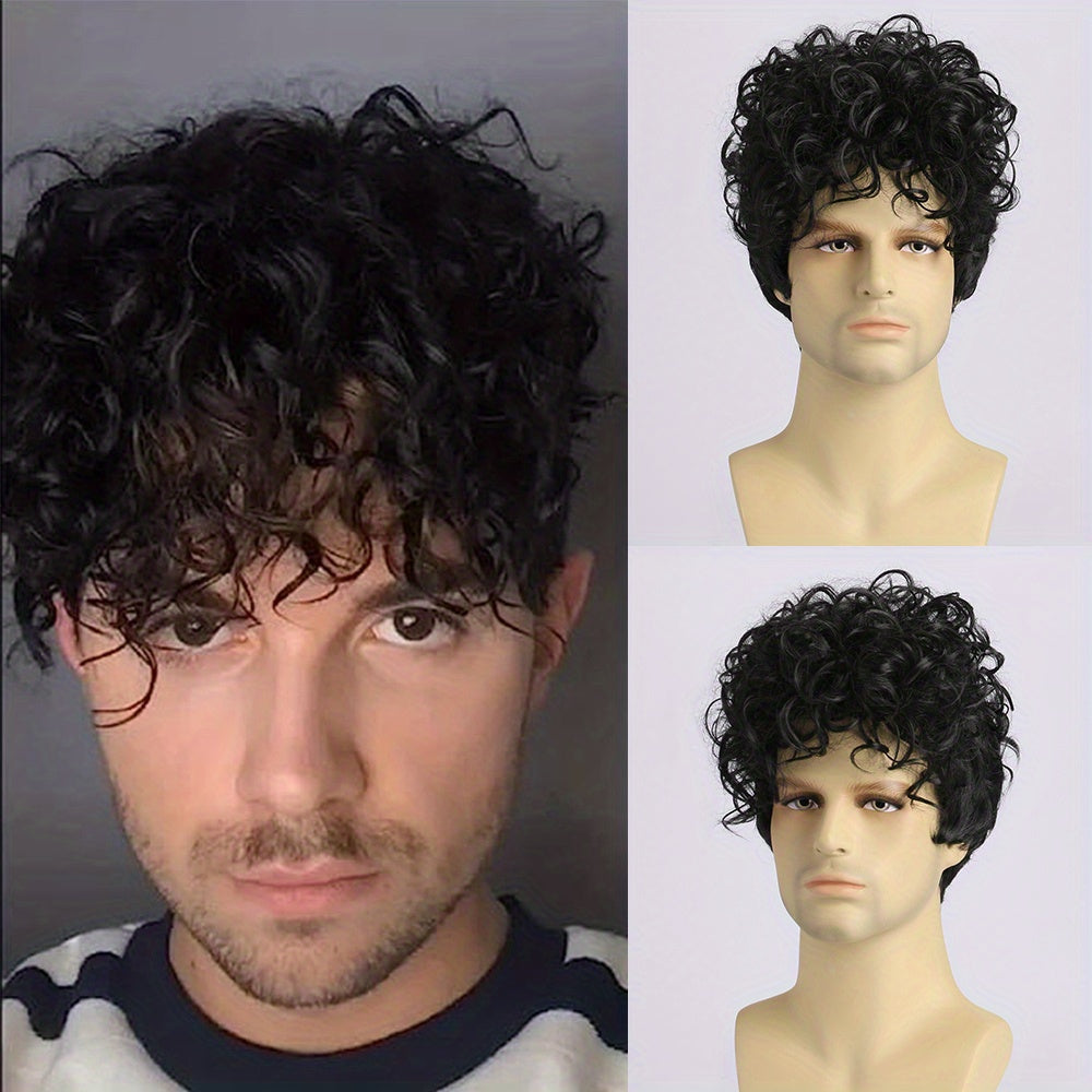 Men's Short Curly Wig with Natural Oblique Bangs for Cosplay and Daily Wear