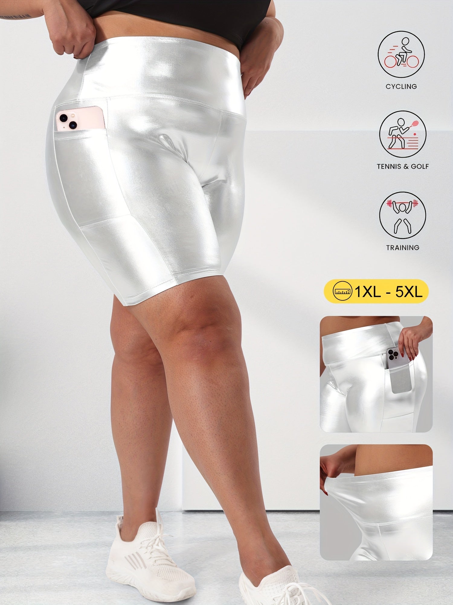 Women Plus Size High-Waist Gold Shorts with Pockets Casual Elastic Spring Summer