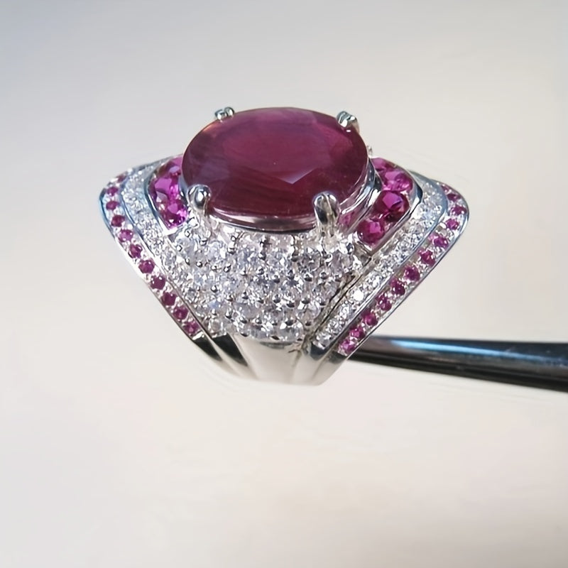 White Gold Plated Ring with Red Oval Cubic Zirconia for Weddings and Daily Wear