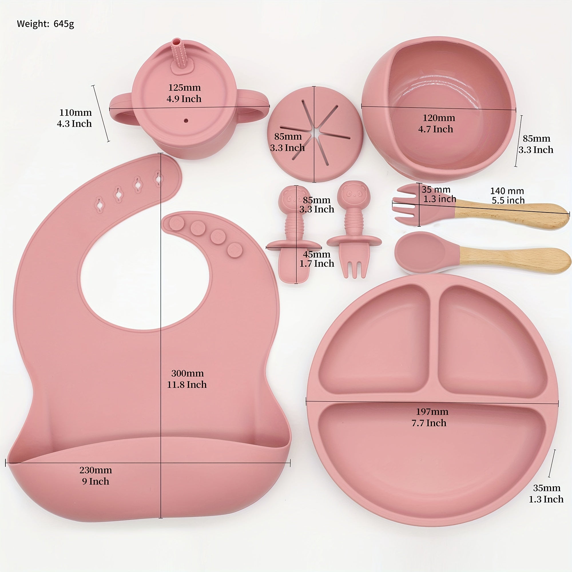 Baby Feeding Set 9 Pieces Silicone Bib Suction Plate Bowl Spoon Fork Drinking Cup