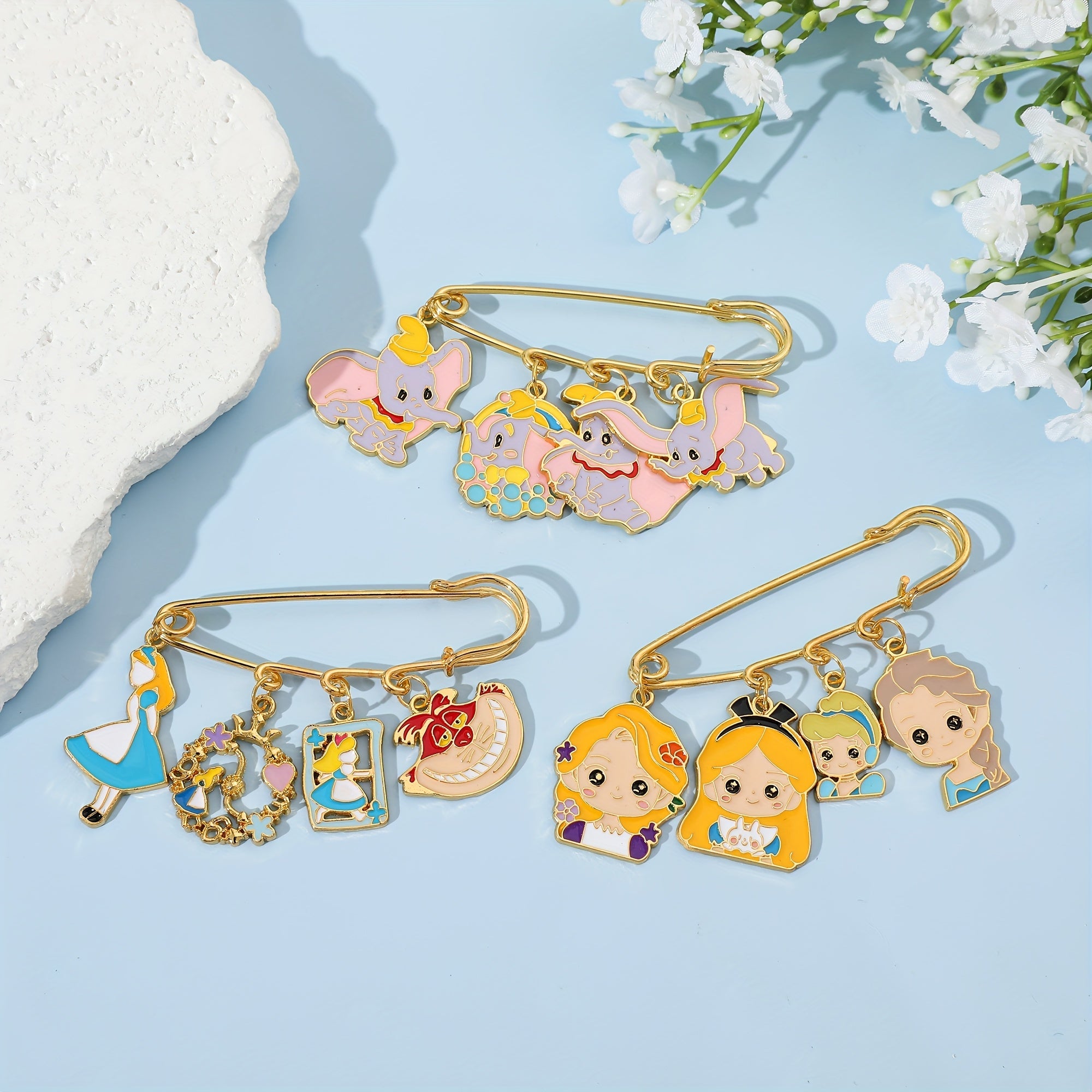 Set of 3 Cartoon Princess and Dumbo Enamel Brooch Pins Zinc Alloy Kids Girls Backpack Clothes Jewelry