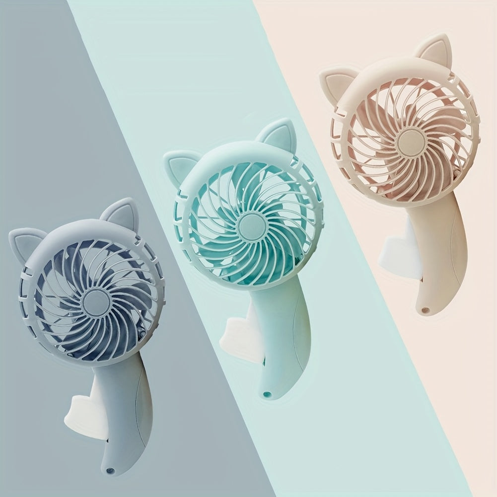 Manual Handheld Fan with Cat Ear Design Portable Personal Cooling Light Blue