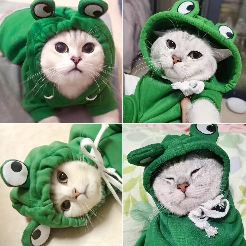 Cute Frog-Themed Pet Hoodie for Small Cats All-Season Knit Fabric