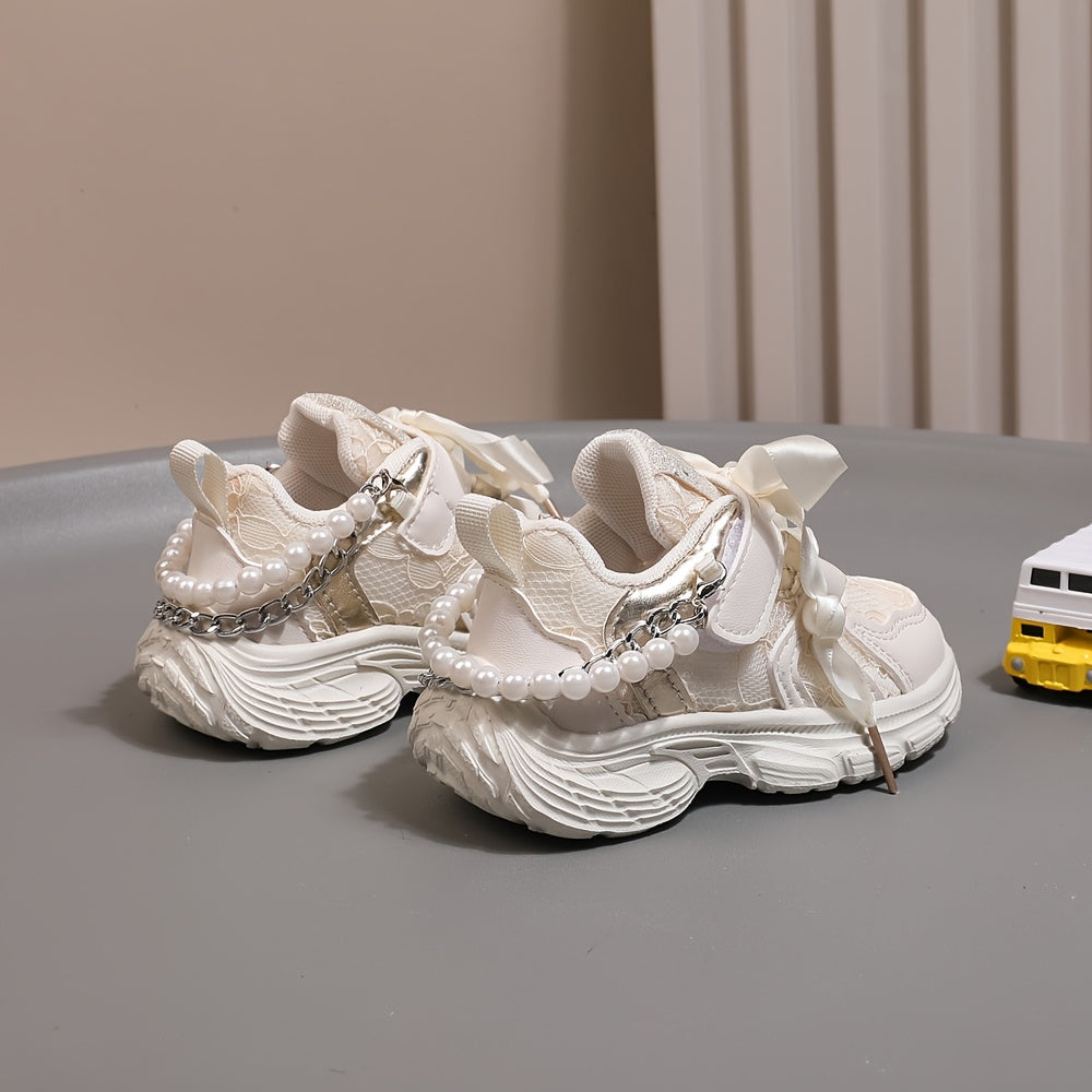 Toddler Girls Sneakers with Pearl Chain Casual Lace-Up Breathable Fabric EVA Sole Beaded Design for Spring Fall