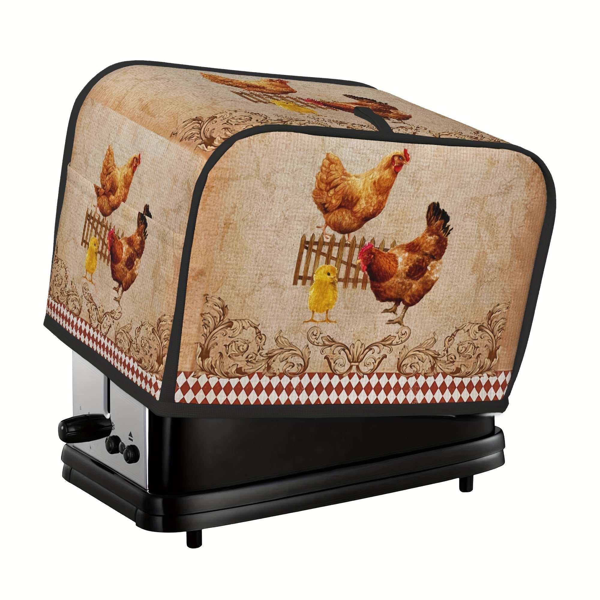 Bir dona Vintage Rooster Print Toaster Cover va ikki dona Wide Slot Toaster Cover. Ushbu zamonaviy qopqoqchalar kichik oshxona jihozlaringizni himoya qilish va ularni toza saqlash uchun mo'ljallangan. Ular tozalash uchun oson va sizning