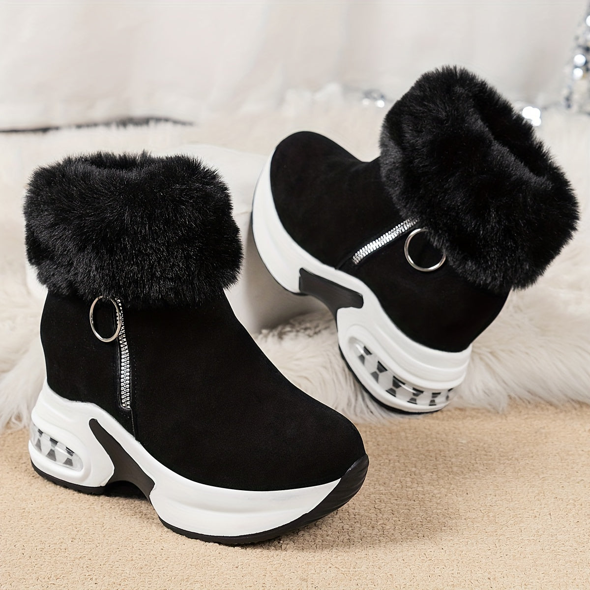 Women's Chunky Platform Boots Black Winter Shoes Non-Slip Heeled Shoe