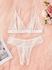 Women's Floral Lace Lingerie Set with Open Cup Bra and Crotchless Thong