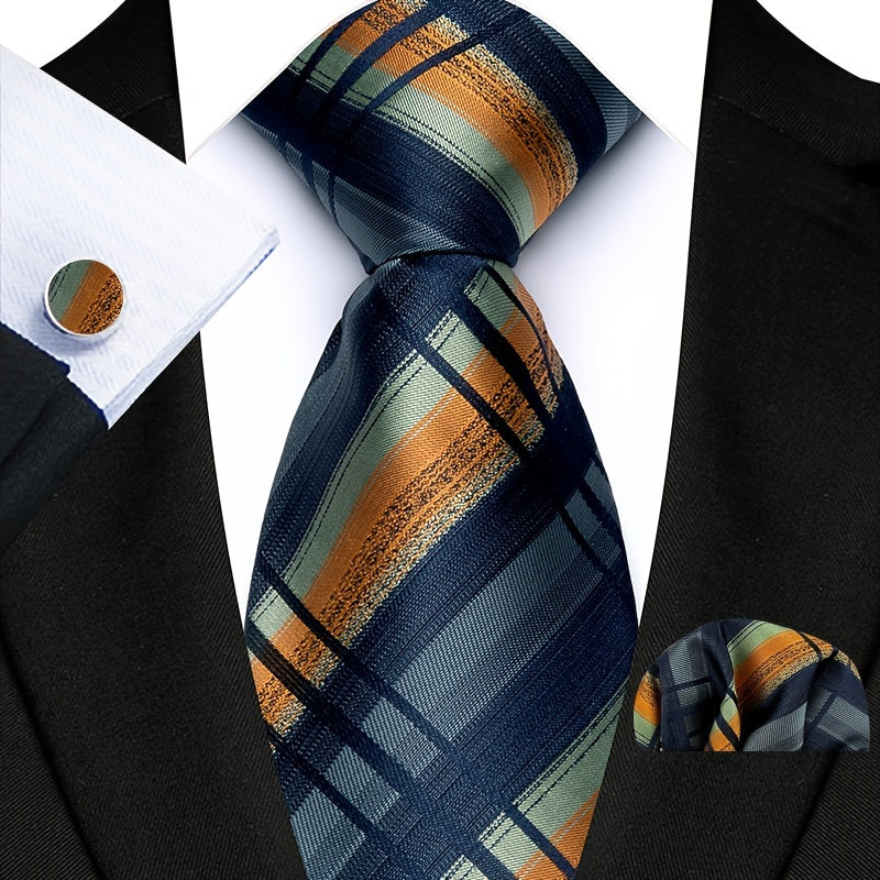 Men's Plaid Paisley Flower Tie Set with Cufflinks and Handkerchief Pack of 3