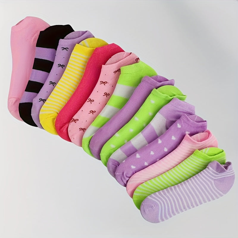 20 Pairs Women's Rainbow Low-Cut Socks with Heart Bow Stripe Prints 100% Polyester