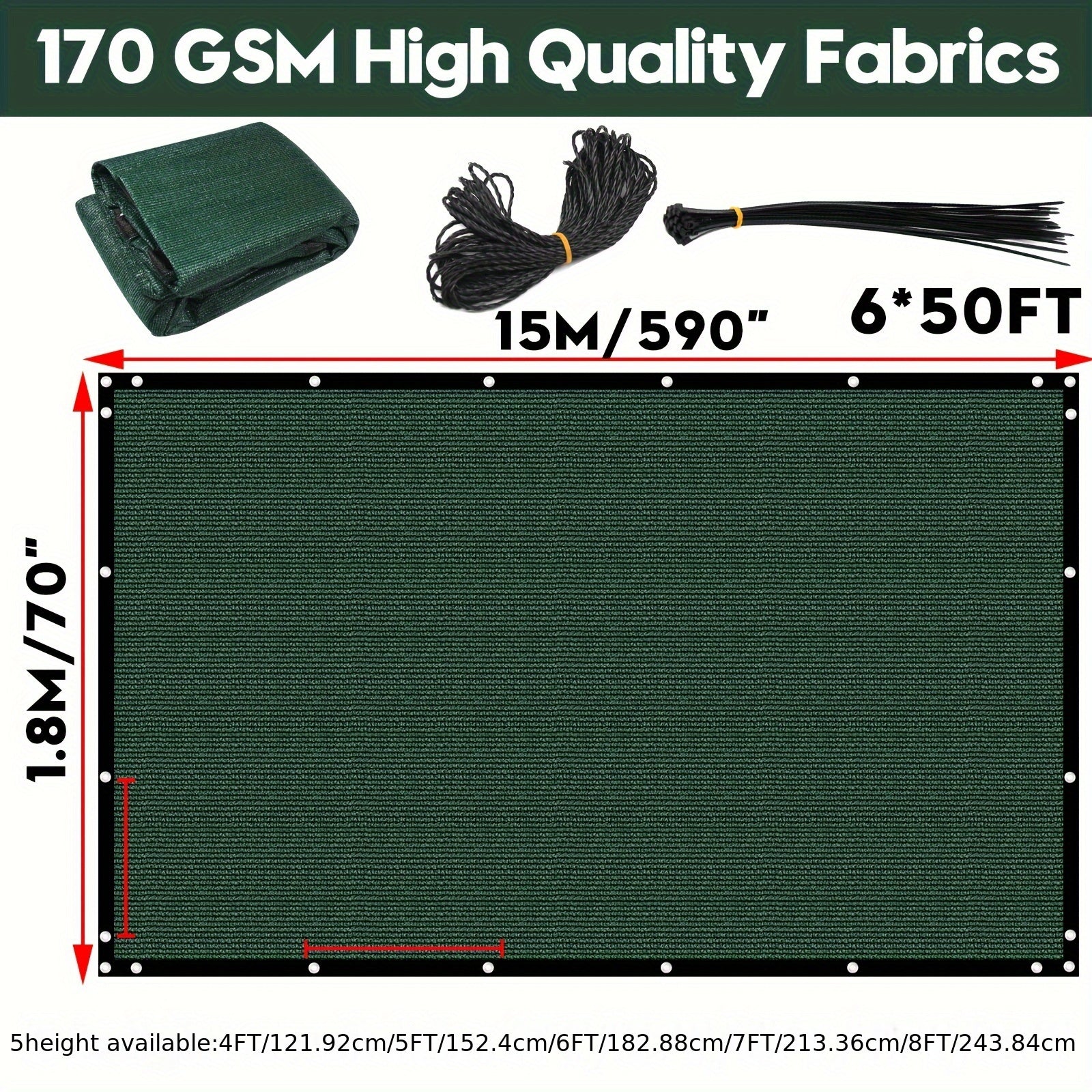 Heavy Duty Green Plastic Privacy Fence Screen Mesh with Brass Grommets and Straps for Gardens Yards Pools