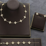 Women's Jewelry Set Cubic Zirconia Four-Leaf Flower Necklace Earrings Bracelet White Gold Plated