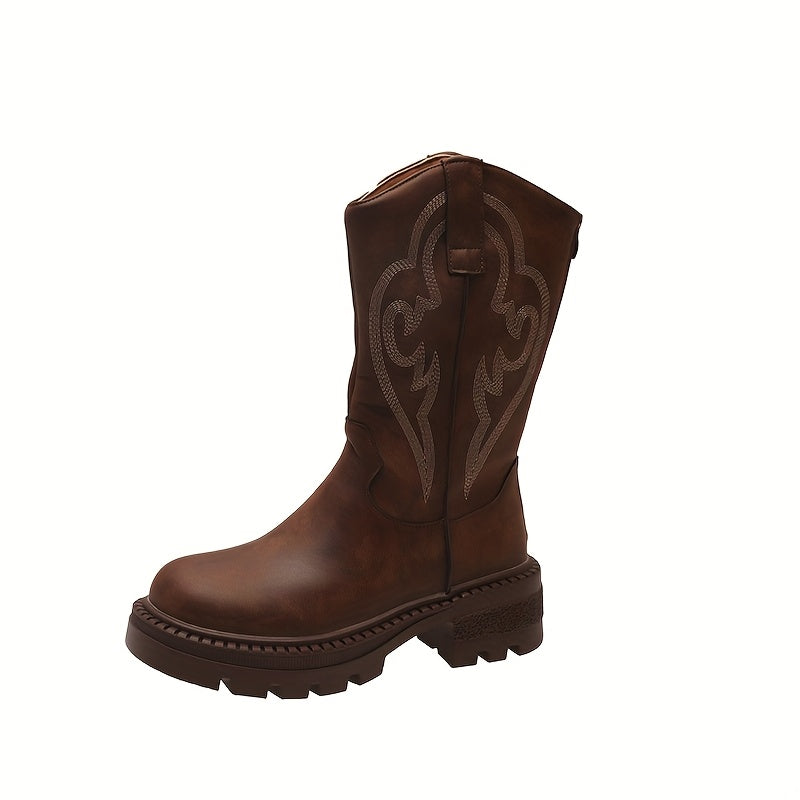 Women's Brown Western Boots | Chunky Mid-Heel, Non-Slip Sole, Round Toe