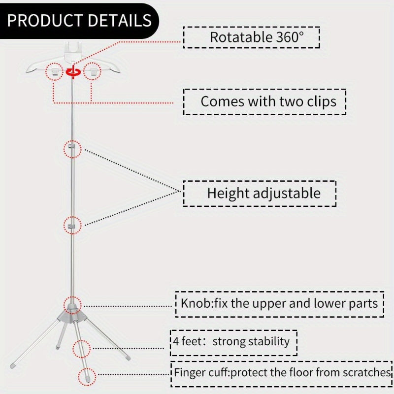 Soporte portátil para vaporizar ropa con altura ajustable y clips para planchar