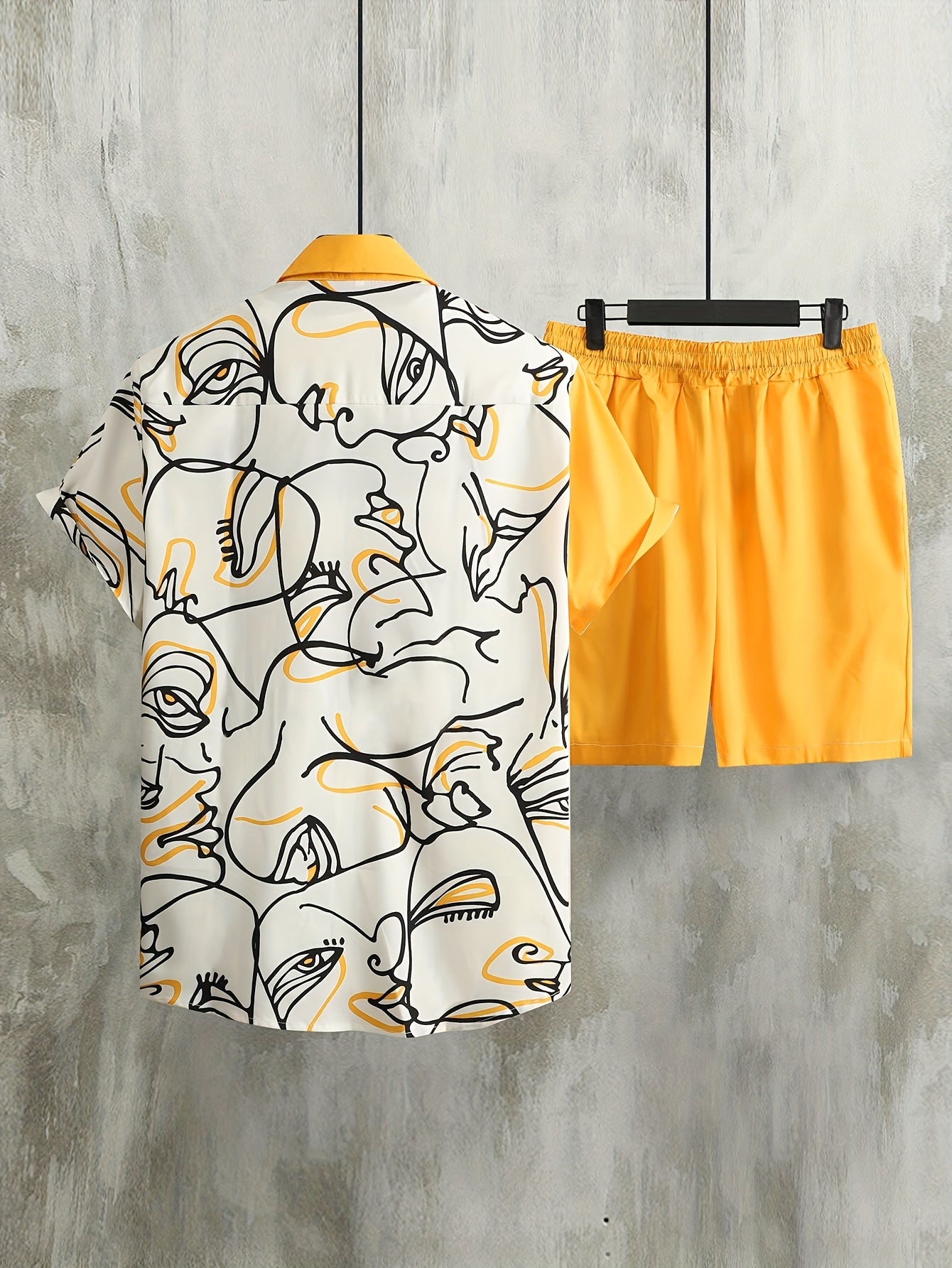 Men's Beige Geometric Pattern Polyester Shirt and Shorts Set All-Season Casual