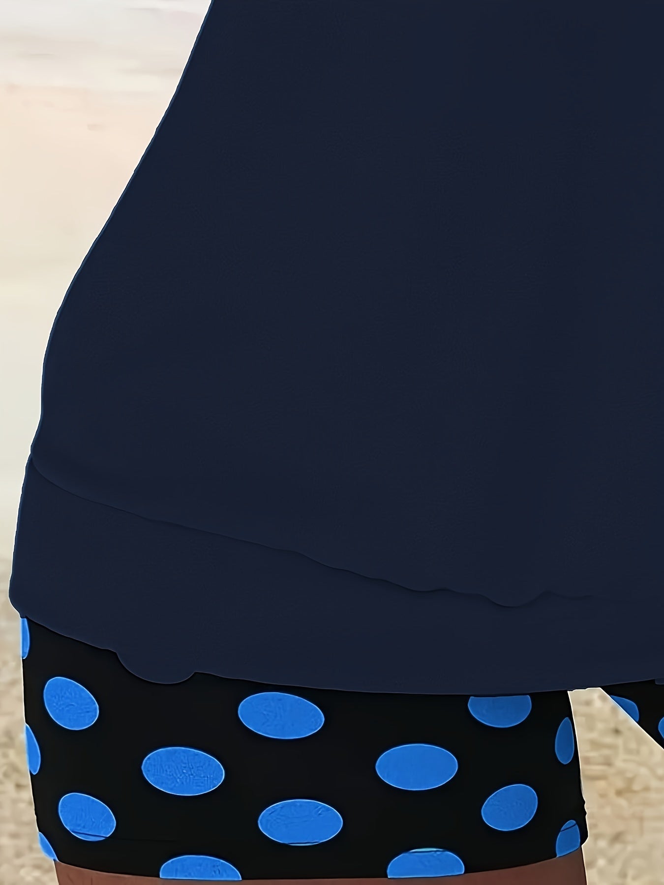 Women's Navy Blue Tankini Swimsuit with Split Skirt and Polka Dot Pattern