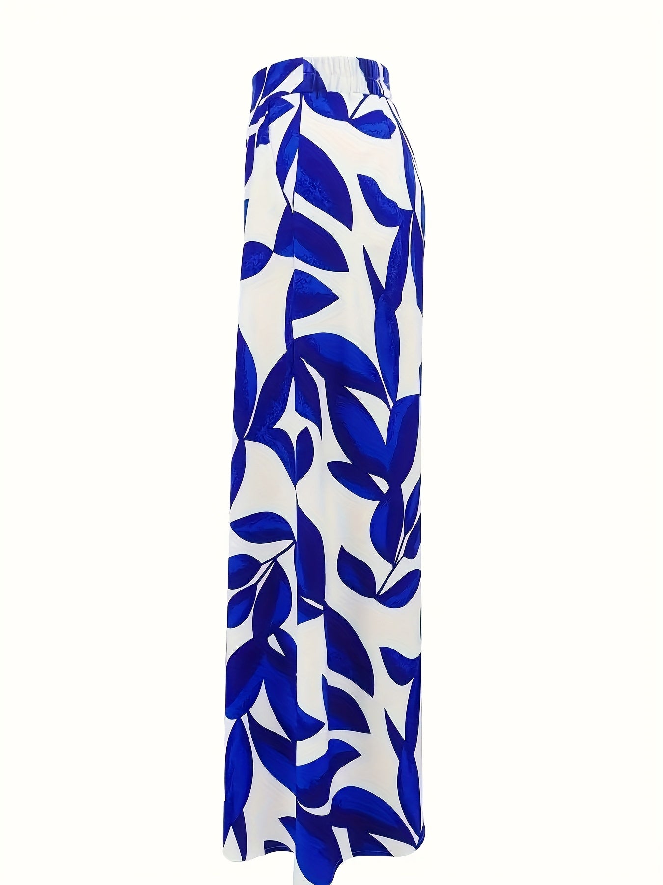 Women’s Polyester Wide Leg Pants with Blue and White Leaf Pattern for Casual or Vacation Wear