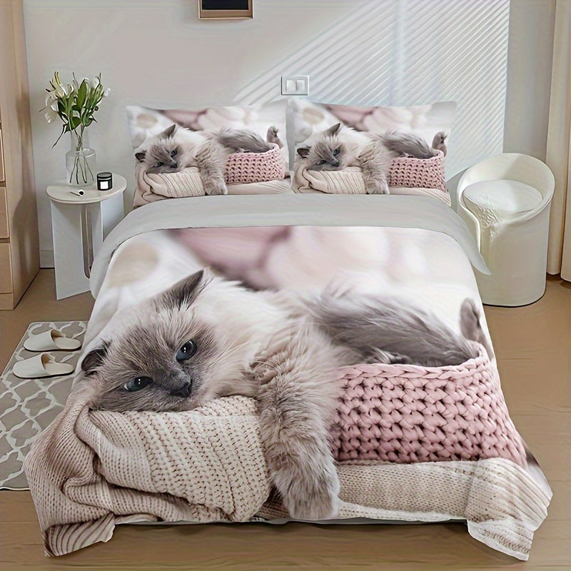 Polyester Duvet Cover Set with 3 Pieces 1 Duvet Cover 2 Pillowcases All Season Cat Print Bedding
