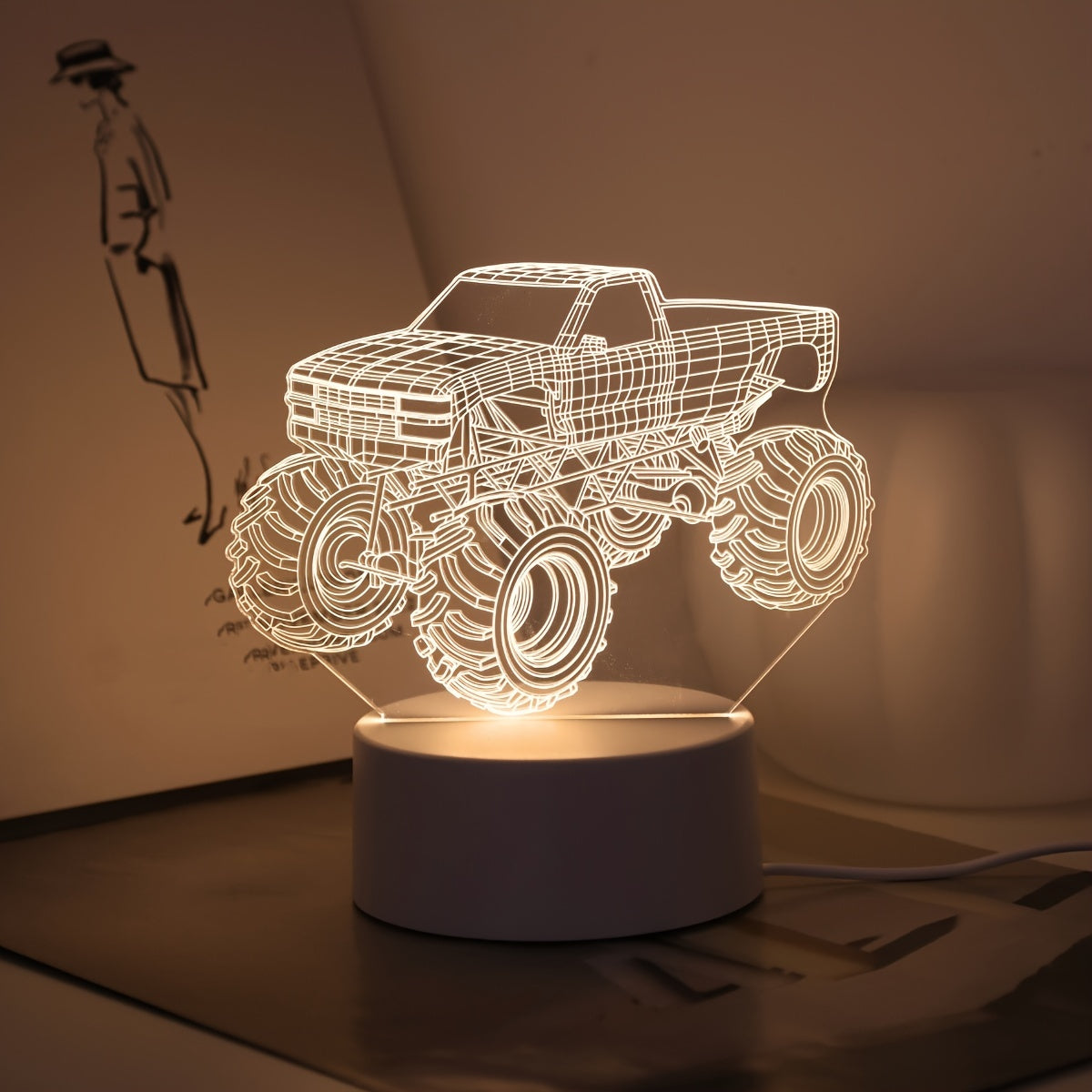 Modern Monster Truck 3D Illusion Table Lamp Touch Control USB Desk Night Light