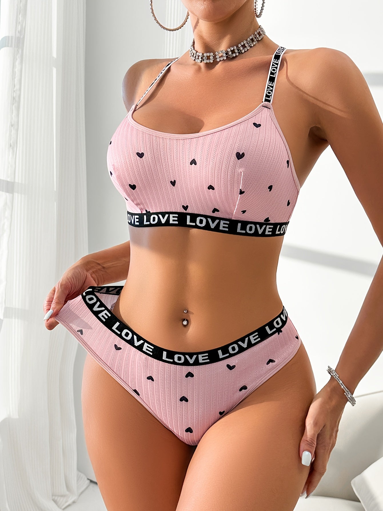 Women's Heart Print Lingerie Set Polyester Knit with Love Strap and Braid Accent