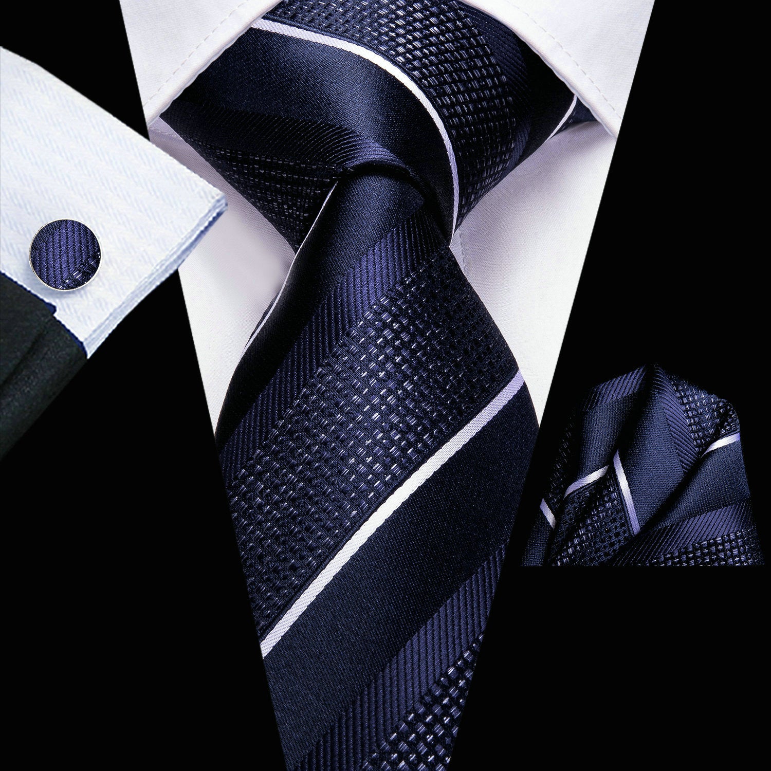 Men's Classic Striped Necktie Set with Cufflinks for Business and Party