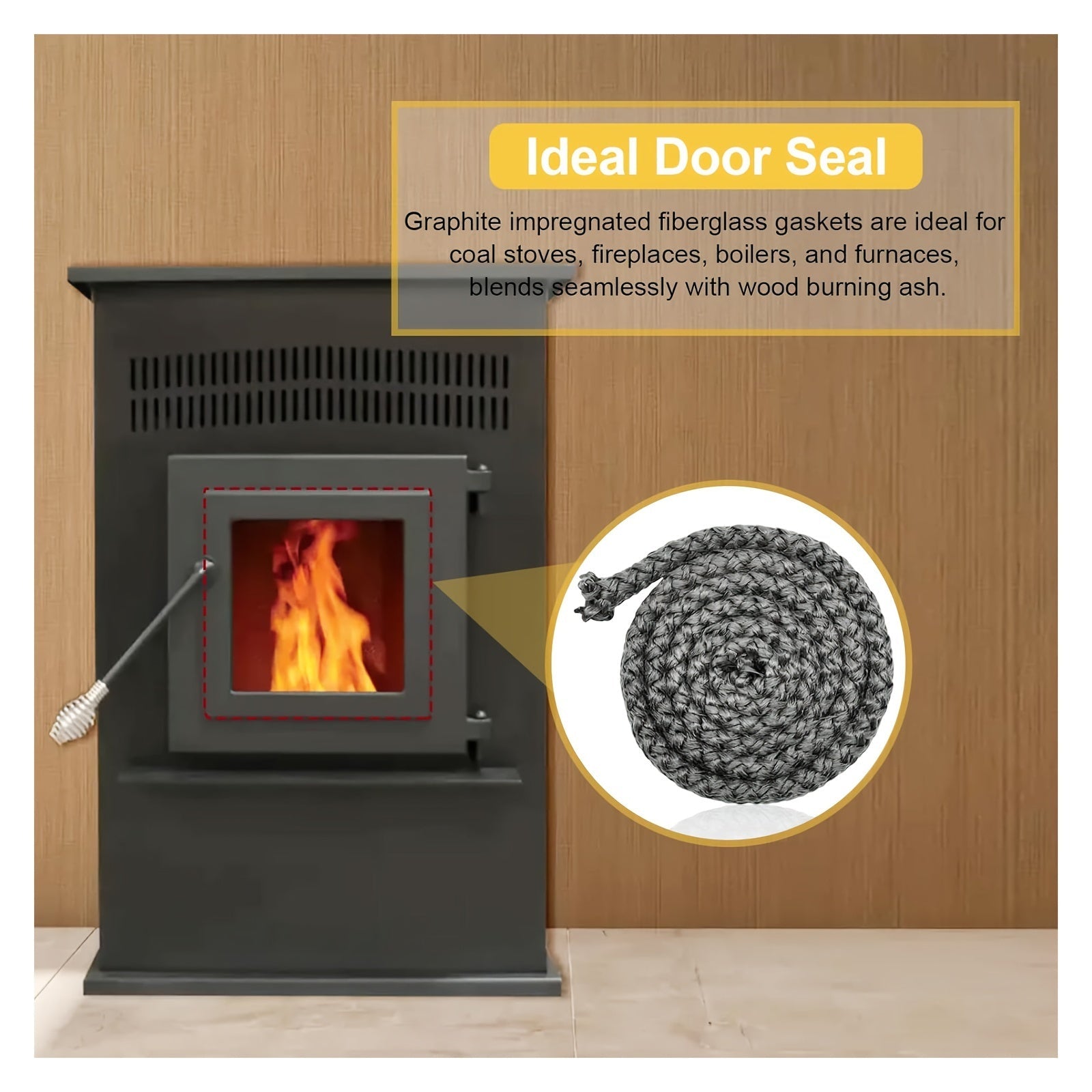 Fireplace Door Seal Rope 3/4 Inch x 7 Feet Graphite-Impregnated Fiberglass