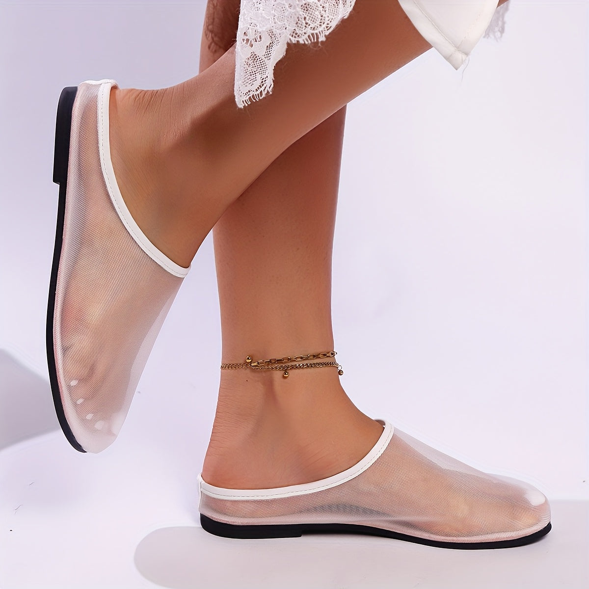 Women's Mesh Slip-On Mules Casual Flat Sandals White All-Season Comfort