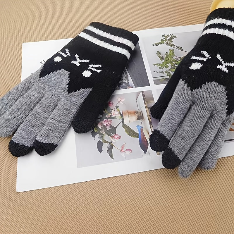 Women's Winter Touch Screen Gloves with Jacquard Cat Design and Warm Polyester