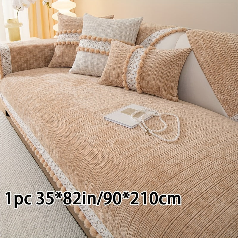 Зеленый чехол для дивана из шенилла с помпонами - водонепроницаемый и дружелюбный к домашним животным, подходит для всех размеров диванов (на 1-4 человека) - легкий в уходе, можно стирать в машине, с кисточками, идеален для любого декора комнаты