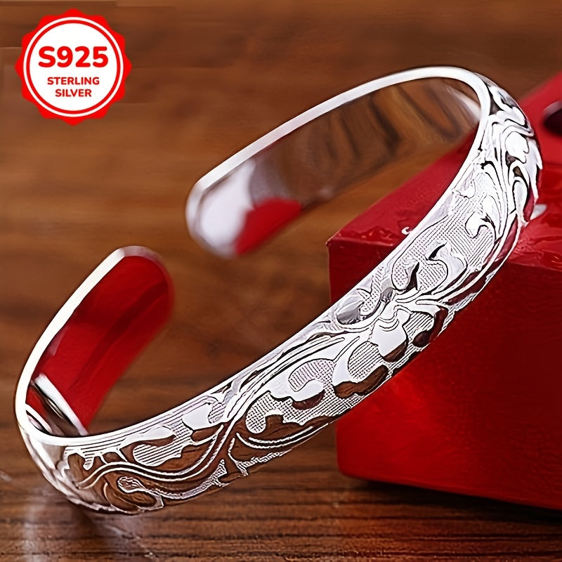 925 Sterling Silver Bangle, zamonaviy retro gullar dizayni bilan ochiq uslubda.
