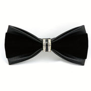 Leather Bow Tie with Rhinestones for Weddings and Formal Events in Black Velvet or Gold