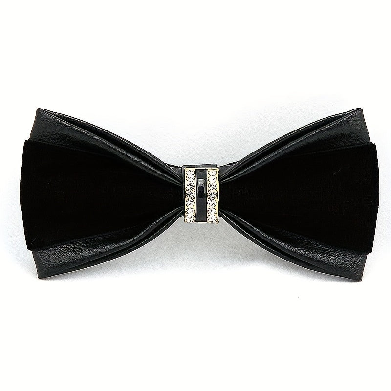 Leather Bow Tie with Rhinestones for Weddings and Formal Events in Black Velvet or Gold