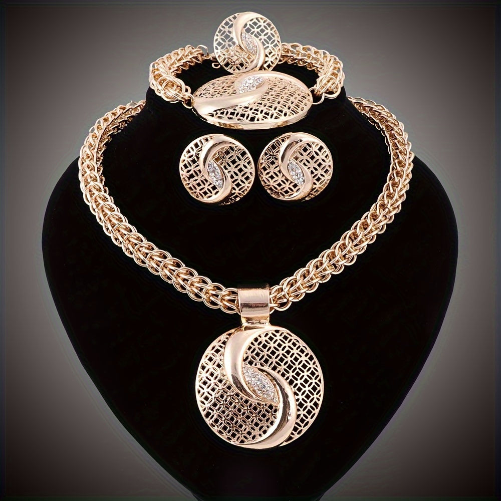 Golden Rhinestone Jewelry Set with Necklace Earrings Bracelet Ring for Weddings and Events