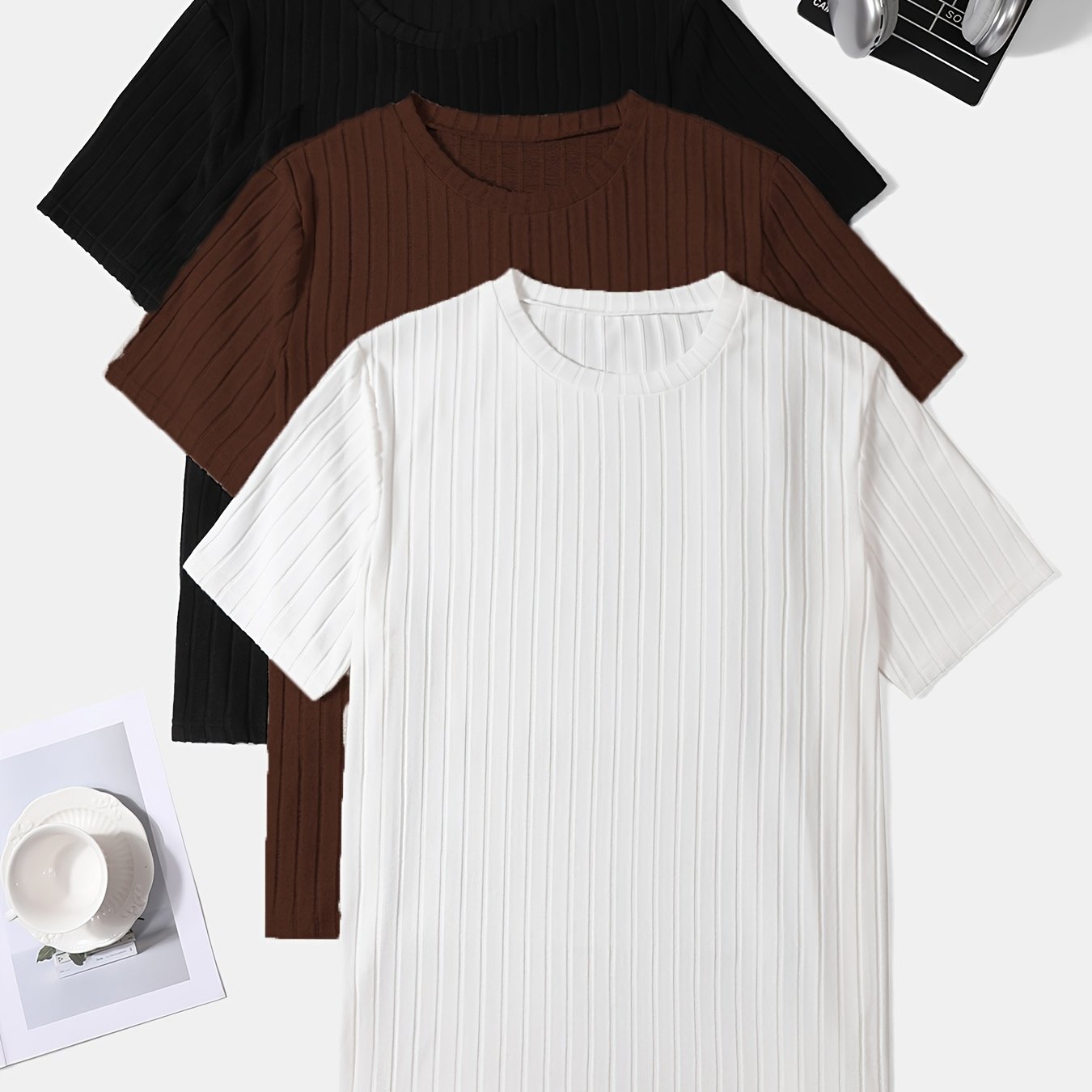 Men's 3-Pack Solid Color Crew Neck T-Shirts Polyester Elastane Medium Stretch Casual