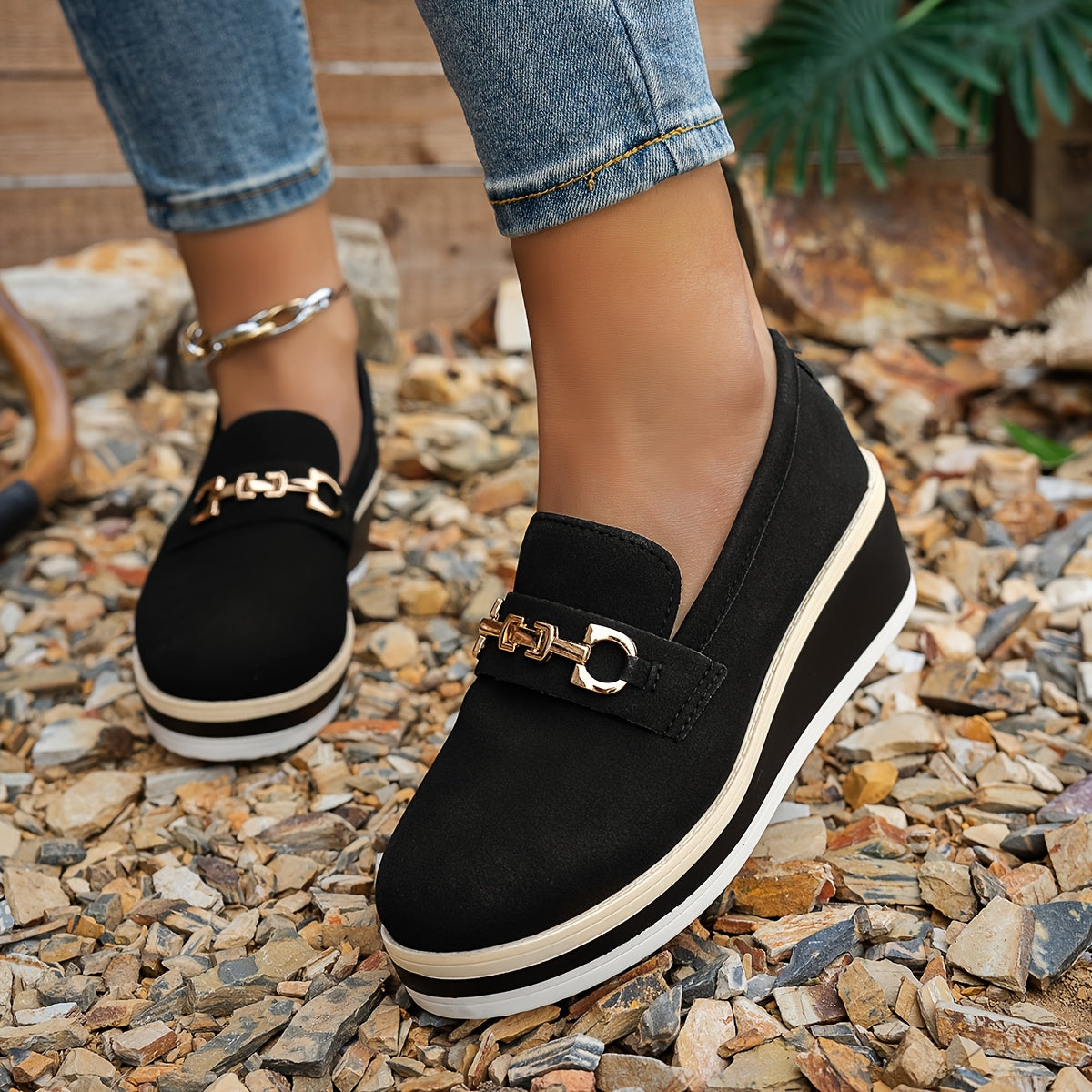 Women's Vintage Penny Moccasin Shoes, Lightweight Flannel, Chain Decor