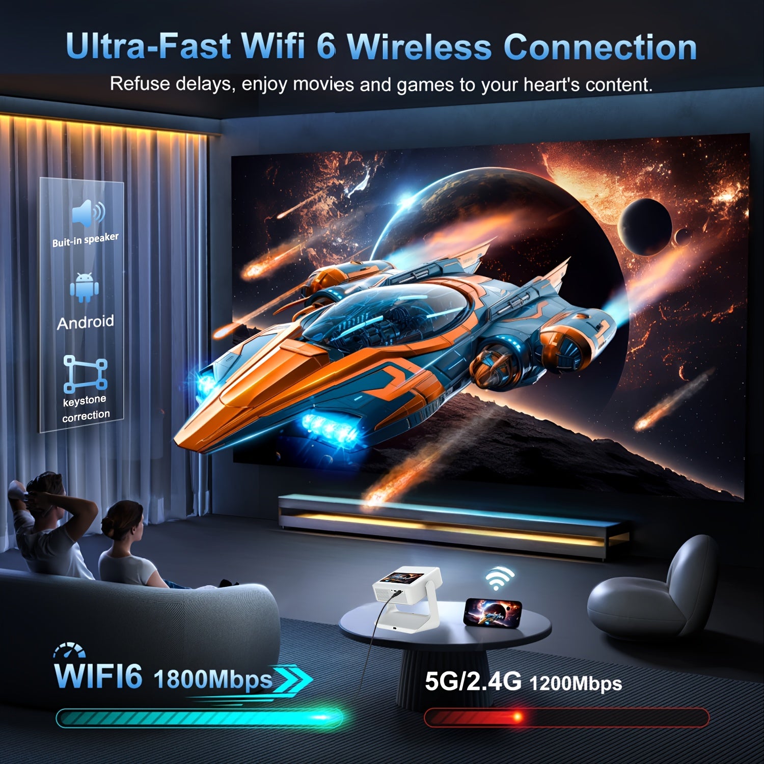 Проектор для домашнего кинотеатра 1080P 4K с поддержкой, сенсорный экран 8 дюймов, WiFi 6