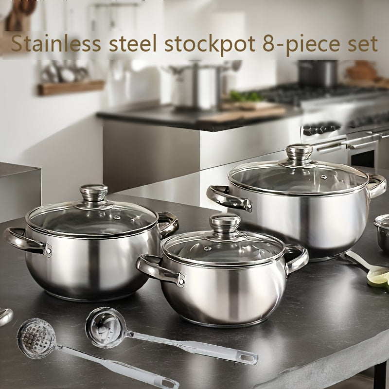 8-Piece Stainless Steel Soup Pot Set with Covers and Spoons for Gas and Induction