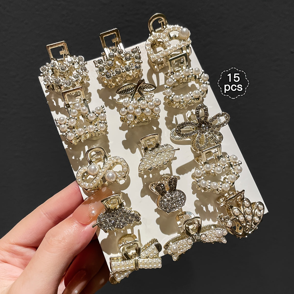 15 dona ayollar uchun sun'iy marjonli yurak shaklidagi soch kliplari yon va orqa styling uchun