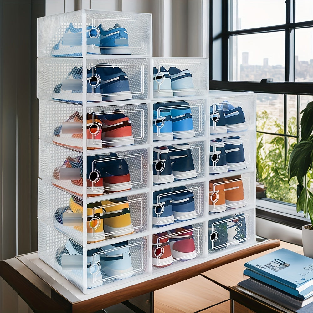 Set of 6 or 12 Clear Plastic Shoe Storage Boxes Dustproof Stackable Foldable