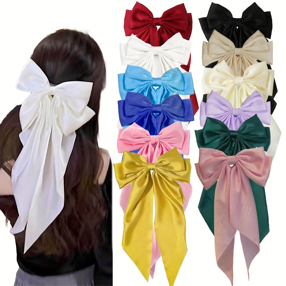 Set of 12 Bohemian Satin Hair Bows Oversized Ribbon Barrettes Hair Clips for Women and Girls