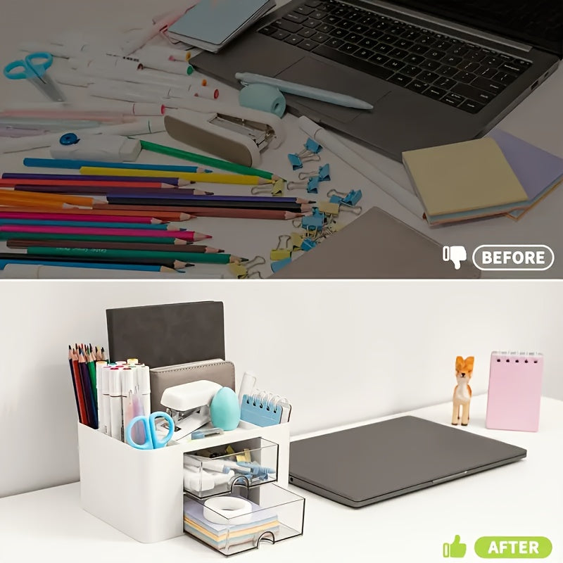 Multifunctional Desktop Organizer with Two Drawers for Office Supplies and Vanity Storage