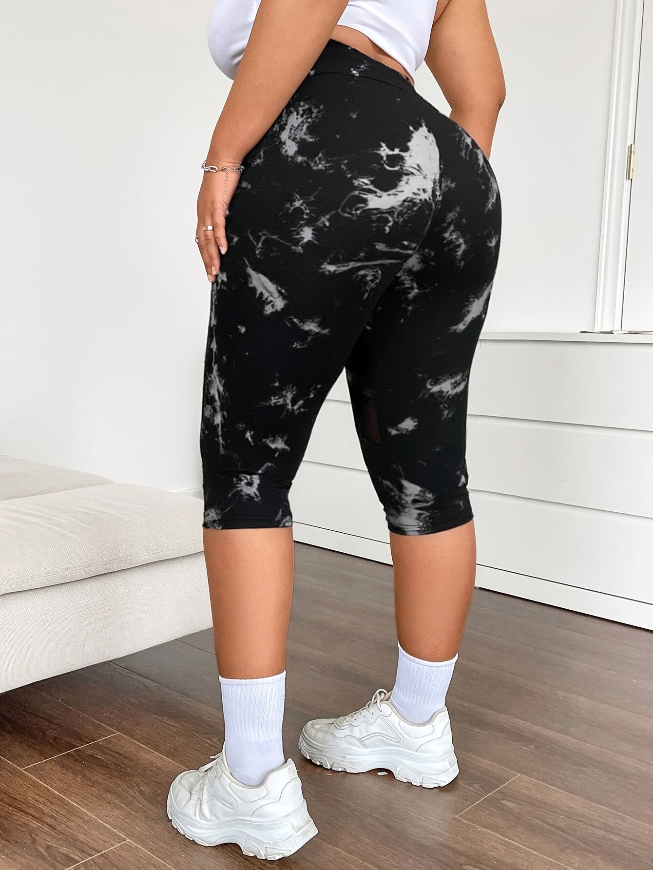 Plus Size Women's High-Waisted Mesh Panel Tie-Dye Yoga Shorts