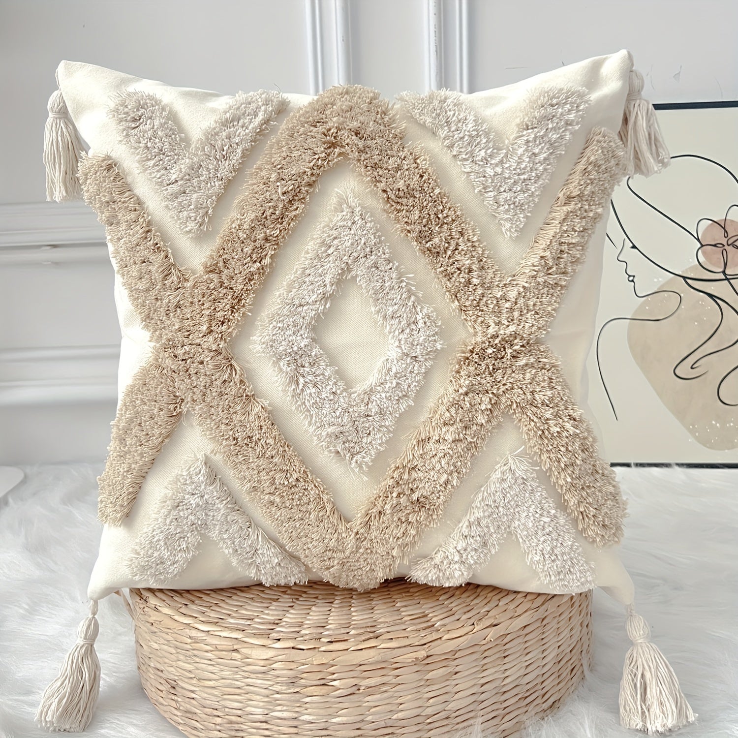 Bohemian Throw Pillow Cover Beige Khaki Textured Canvas Geometric Tribal Embroidery