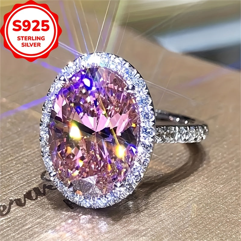 Promise Ring Sterling Silver Egg-Shaped Pink Zirconia Bridal Jewelry for Evening Parties