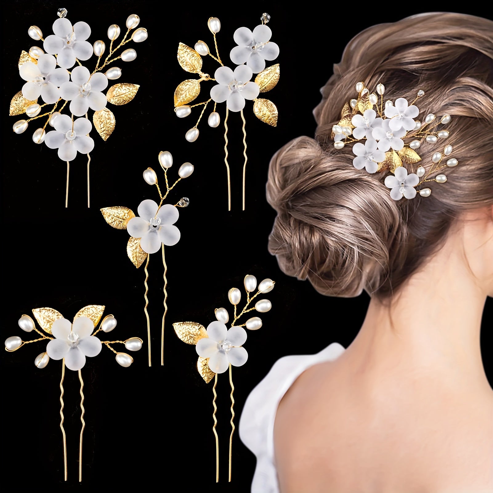 Ayollar uchun 5 ta U-shaklidagi sochbog'lar to'plami, gul va marjonli detallari bilan