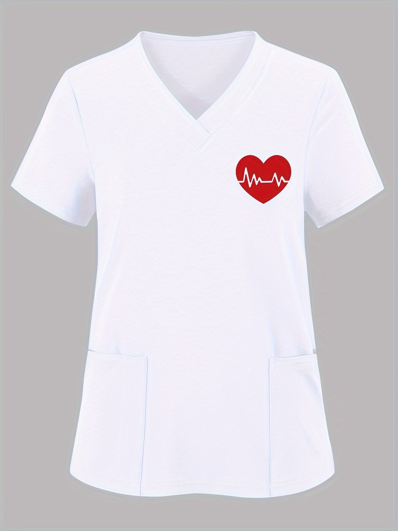 Women's Vintage Heart Pattern V-Neck Scrub Top with Pockets and Side Slits