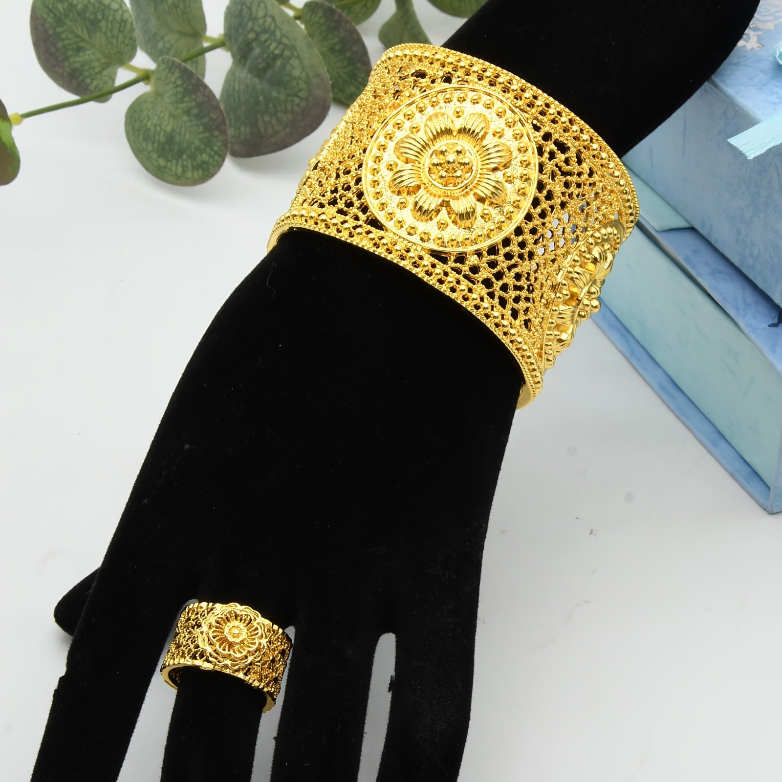Gold Plated Zinc Alloy Jewelry Set with Adjustable Floral Bangle and Ring for Women
