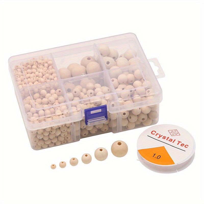 Wooden Beads Set 1105 Pieces in 6 Sizes for DIY Jewelry Crafting