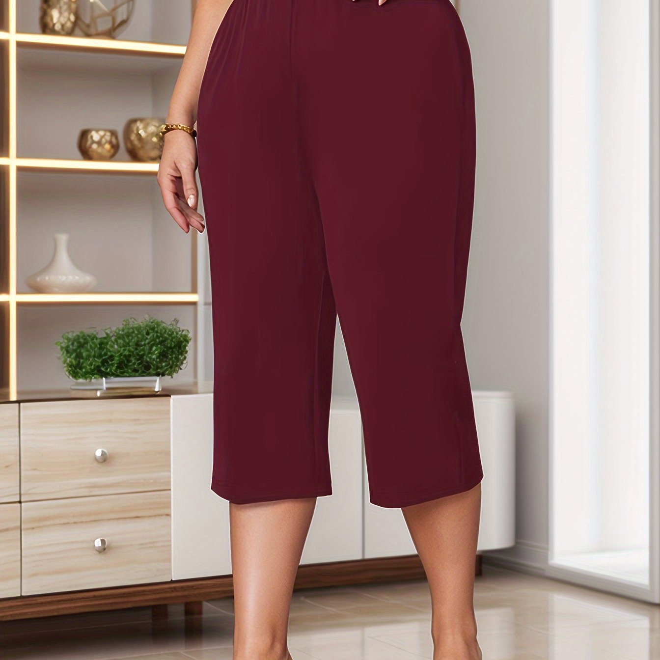 Plus Size High-Waisted Capri Pants for Women Summer Solid Color Knit Fabric