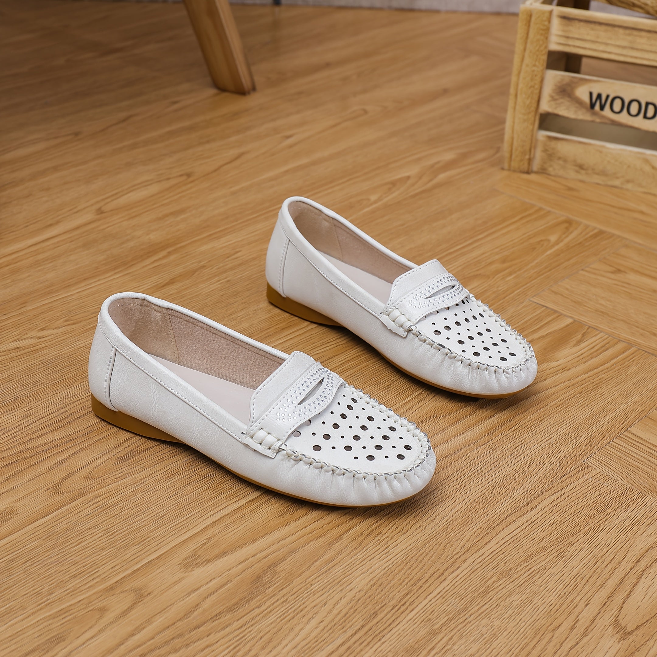 Women's Breathable Perforated Slip-On Loafers White Synthetic Casual Shoes