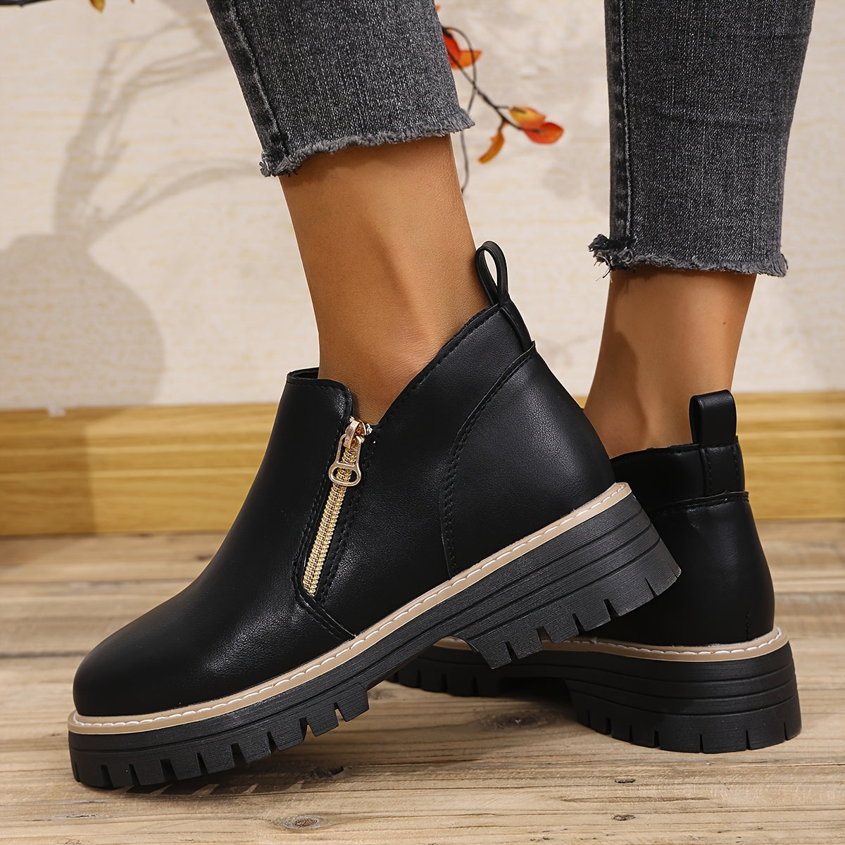 Women Black PU Ankle Boots with Dual Zippers Comfortable Breathable